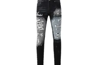 Amiri Varsity Ripped Skinny Jeans Black Gray
