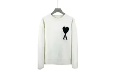 Ami Paris Large Heart Logo Blended Crew Neck Knit Sweater White