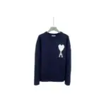Ami Paris Large Heart Logo Blended Crew Neck Knit Sweater Navy Blue