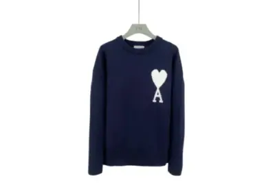 Ami Paris Large Heart Logo Blended Crew Neck Knit Sweater Navy Blue