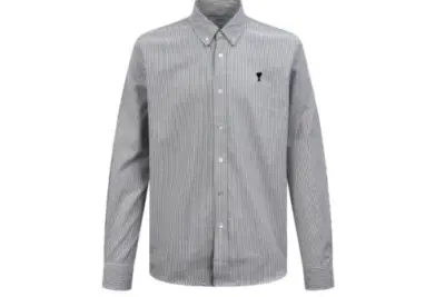 Ami Paris De Coeur Striped Oxford Cotton Shirt Button Gray