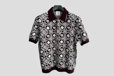 Casablanca Monogram Cotton Knit Polo Shirt In Burgundy With A Dark Brown And White All-OIver Monogram Pattern
