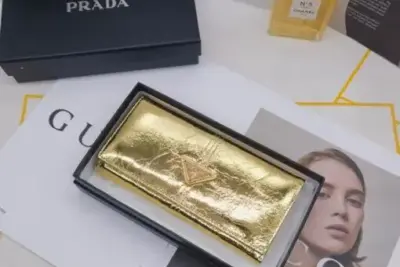 Prada Saffiano Leather Long Wallet Shiny Golden