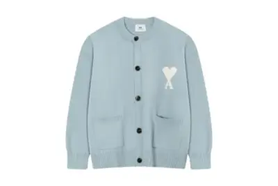 Ami Paris ADC Merino Heart Shaped Alpaca Blend Soft Cozy Knit Cardigan Round Neck Sweater Baby Sky Blue