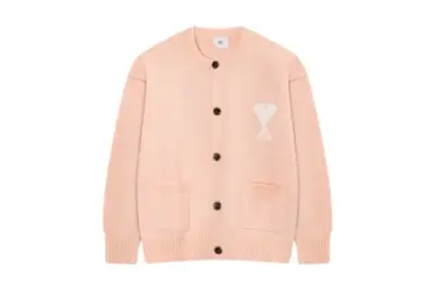 Ami Paris ADC Merino Heart Shaped Alpaca Blend Soft Cozy Knit Cardigan Round Neck Sweater Light Pink