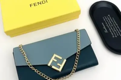 Fendi FF Diamonds Continental Wallet with Chain in Teal Blue & Grey