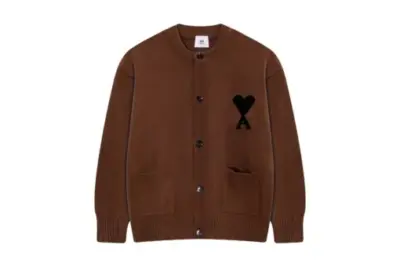 Ami Paris ADC Merino Heart Shaped Alpaca Blend Soft Cozy Knit Cardigan Round Neck Sweater Brown