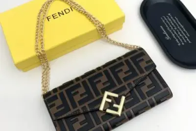 Fendi FF Diamonds Continental Wallet with Chain in Leather Brown