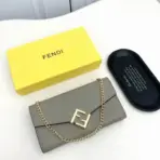 Fendi FF Diamonds Continental Wallet with Chain in Grey Leather