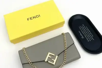 Fendi FF Diamonds Continental Wallet with Chain in Grey Leather