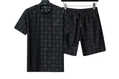 Amiri Crew Neck Short Sleeve Terry Jacquard Shorts Set Black Shirt