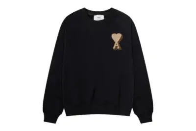 Ami Paris Towel Embroidered Large Heart Towel Embroidered Raglan Crew Neck Pullover Sweatshirt Black