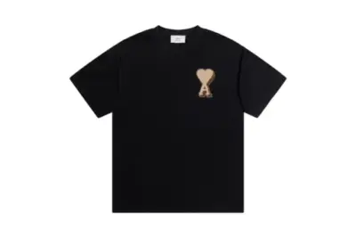 Ami Paris Classic Gold ADC Towel Embroidered Heart Short Sleeve T Shirt Black