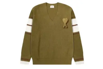 Ami Paris Heart Shaped Towel Embroidery Jacquard ADC Wool V Neck Sweater Brownish Green