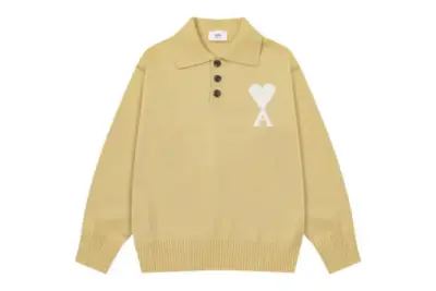 Ami Paris White Heart Jacquard Alpaca Blend Loose Polo Neck Pullover Sweater Light Yellow