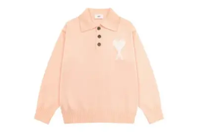Ami Paris White Heart Jacquard Alpaca Blend Loose Polo Neck Pullover Sweater Light Pink