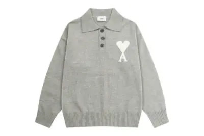 Ami Paris White Heart Jacquard Alpaca Blend Loose Polo Neck Pullover Sweater Light Gray