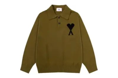 Ami Paris Jacquard ADC Merino Polo Collar Pullover Sweater Olive Green