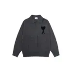 Ami Paris Jacquard ADC Merino Polo Collar Pullover Sweater Black