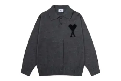 Ami Paris Jacquard ADC Merino Polo Collar Pullover Sweater Black