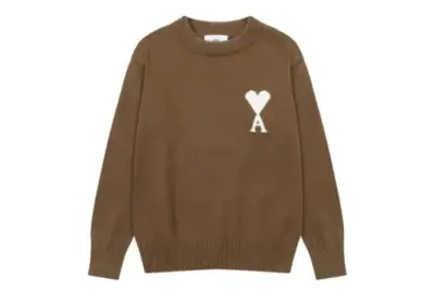 Ami Paris Jacquard ADC Merino Crew Neck Pullover Sweater Khaki With White Heart Logo