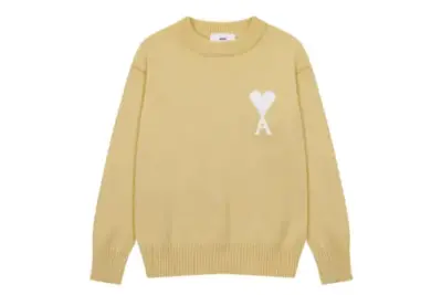 Ami Paris Jacquard ADC Merino Crew Neck Pullover Sweater Camel With White Heart Logo