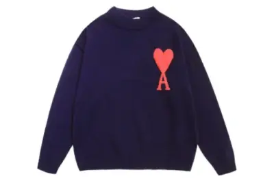 Ami Paris De Coeur Wool Crewneck Sweater Royal Blue With Red Intarsia Heart Logo