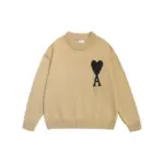 Ami Paris De Coeur Wool Crewneck Sweater Camel With Black Intarsia Heart Logo