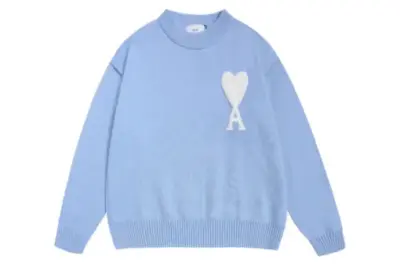 Ami Paris De Coeur Wool Crewneck Sweater Sky Blue With White Intarsia Heart Logo