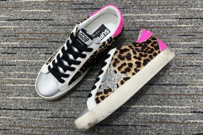 Golden Goose Superstar Leopard Print Pink Teal Heels Burgundy Sneakers