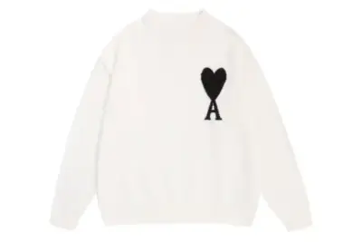 Ami Paris De Coeur Wool Crewneck Sweater White With Black Intarsia Heart Logo