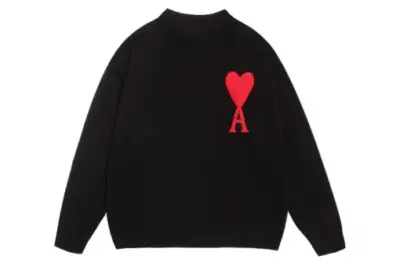 Ami Paris De Coeur Wool Crewneck Sweater Black With Red Intarsia Heart Logo