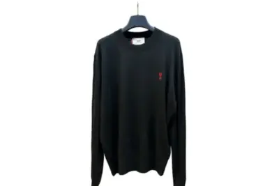 Ami Paris De Coeur Logo Embroidered Merino Wool Crew Neck Sweater Black