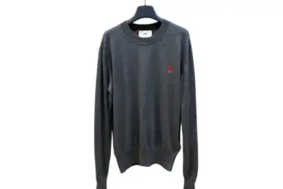 Ami Paris De Coeur Logo Embroidered Merino Wool Crew Neck Sweater Grey