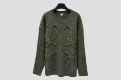 Loewe Anagram Cable-Knit Wool Sweater In Khaki Green