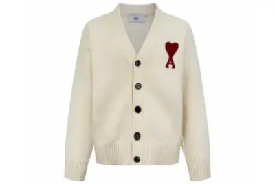Ami Paris Heart Shaped Cardigan Wool Sweater Cream