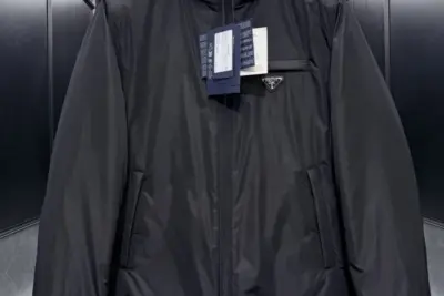 Prada Logo Hooded Puffer Jacket Black