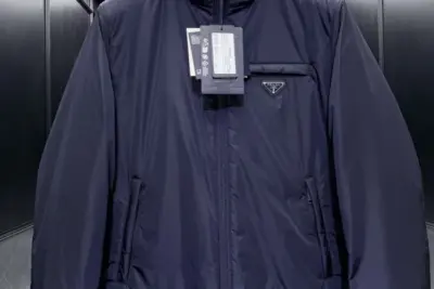 Prada Logo Hooded Puffer Jacket Navy Blue