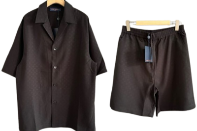 LV Printed Monogram Silk Shorts Set Dark Brown