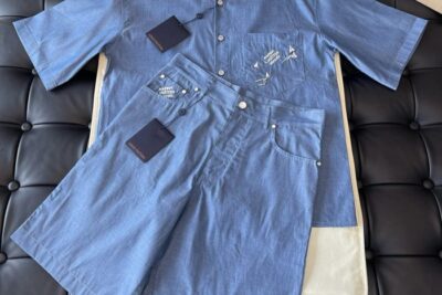 LV Embroidered Chambray Suite Set Blue