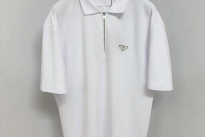 Prada Zipped Metal Logo Polo T-Shirt White