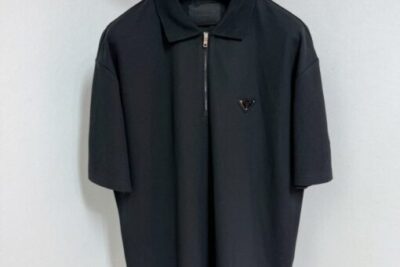 Prada Zipped Metal Logo Polo T-Shirt Black