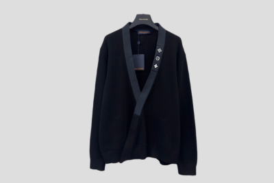 LV Embroidered Signature Cardigan In A Black Cotton Blend Ribbed Knit