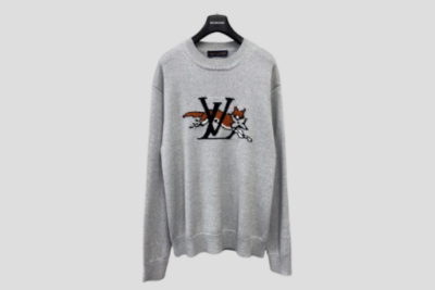 LV Chunky Wool-Cashmere Crewneck Sweater In Grey With A Tiger Motif