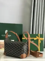 Goyard Boeing 25 Toiletry Crossbody Messenger Bag Goyardine Canvas Black With Brown Leather - Image 3