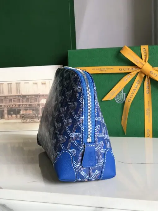 Goyard Vendome Cosmetic Pouch Bag Goyardine Canvas With Leather Trim Blue - Image 3