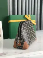 Goyard Vendome Cosmetic Pouch Bag Goyardine Canvas With Leather Trim Black With Brown Corner Strap - Image 2