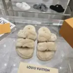 LV Sunset Comfort Shearling Flat Mules Slipper Crossover Straps With Flat Design Beige - Image 2