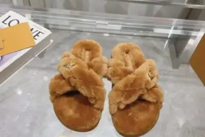 LV Bliss Brand Plaque Shearling Mules Plush Straps Gold Tone