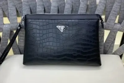 Prada Saffiano Leather Pouch Wallet Crocodile Black